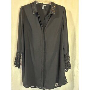 Elle Black Lace Blouse Womens M Long Sleeve Button Down Beaded Collar Tuxedo
